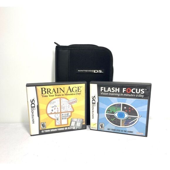 Nintendo DS Adult Puzzle Game Brain Age Flash Focus w/ Black Zip Around Case - Picture 1 of 8